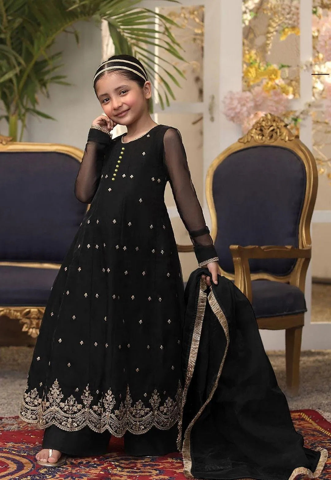 Neck, Border Embroidered With Pearls Work Kids Maxi With Lace Duppatta 3Pcs