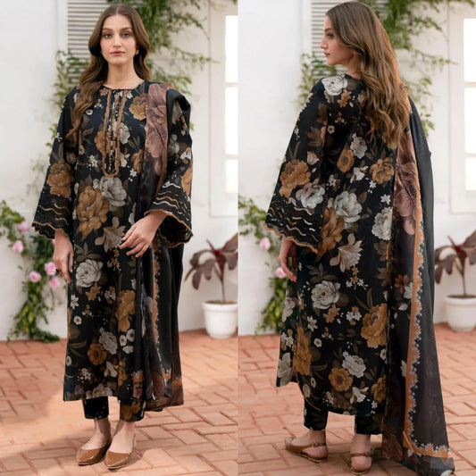 3 Pcs Women's Unstitched Digital Print Suit