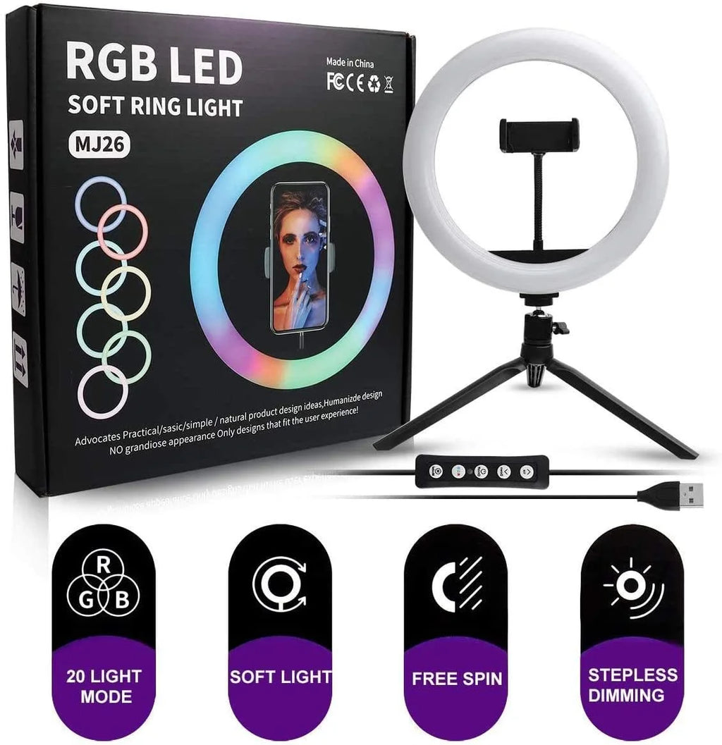 RGB LED Soft Ring Light MJ26 | 26cm (10.2”) | Dimmable with Tripod & Phone Holder, 360° Color Modes