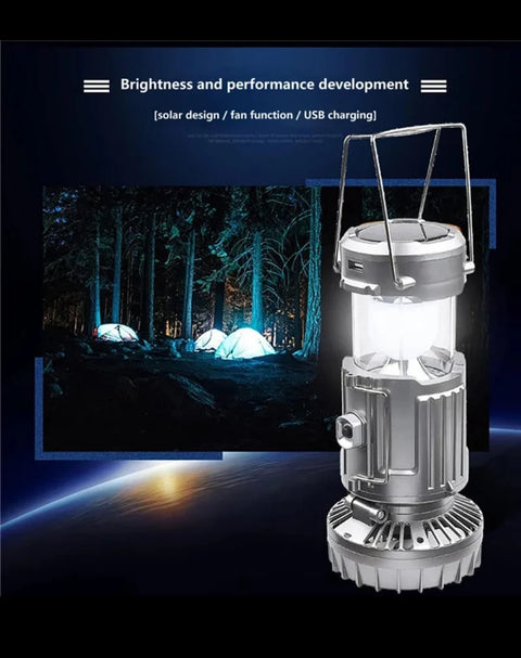 6 in1 portable outdoor LED camping lantern with fan solar charge rechargeable light energy saving tent lamp flashlight