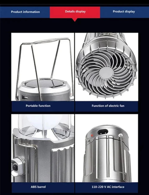 6 in1 portable outdoor LED camping lantern with fan solar charge rechargeable light energy saving tent lamp flashlight